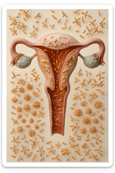 utero umano realistico con batteri della candida intorno, la foto si deve vedere per intero in formato verticale, sullo sfondo neutro chiaro ci sono batteri della candida, iperrealistico 4k sticker