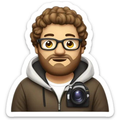 Fat vlogger with camera, hoodie, brown and white hair, rectangular glasses sticker