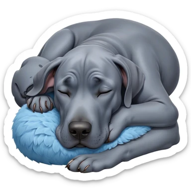 Meme-Worthy Cute Sleeping Blue Great Dane Portrait Emoji, Head resting peacefully with a contented smile, showcasing a delightfully massive build and a luxuriously soft blue Fur, eyes shut in a serene nap, Simplified yet hilariously adorable features, highly detailed, glowing with a soft, drowsy light, high shine, relaxed and utterly lovable, stylized with an air of playful laziness, bright and heartwarming, soft glowing outline, capturing the essence of a comically sleepy guardian, so meme-worthy it feels like it could instantly become the next viral sensation of adorable slumber! sticker