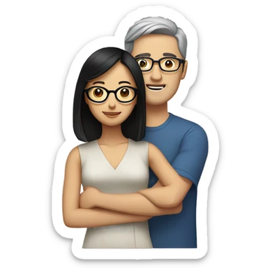 A bespectacled brown-haired white man and a black-haired Asian woman holding him sticker