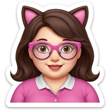 happy beautiful chubby woman English teacher, wavy long dark brown hair, wearing pink cat glasses, only the face, gamer, classroom background, for online classes sticker