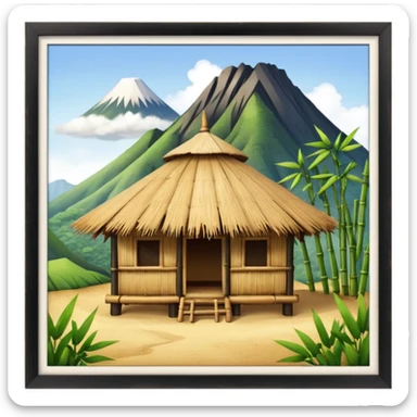 bamboo hut with volcano in the back side sticker