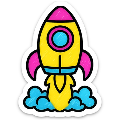 a colorful rocket ship blasting off in vibrant pop colors sticker