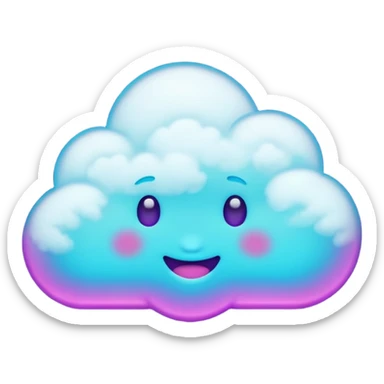 Small cloud with multiple emoji-style expressions (happy, sleepy, mischievous), glowing purple/cyan neon, playful aesthetic. sticker