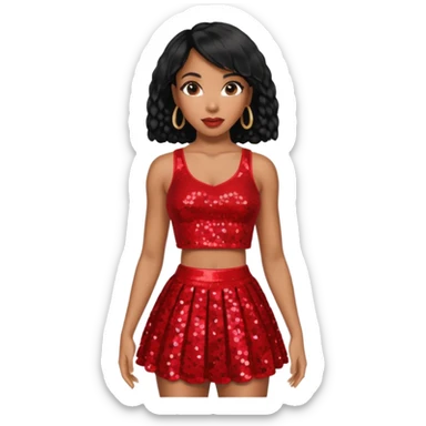 Kelly Rowland with black hair, red sequin crop top and skirt sticker
