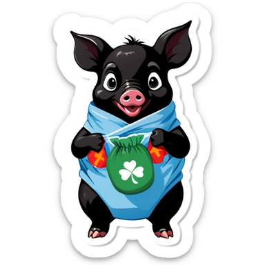 a black piglet holding 4 pouches with "luck”written on it sticker
