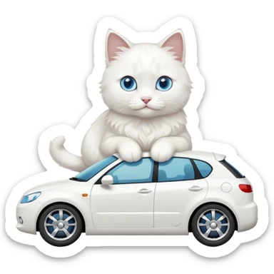 Please create a small emoji the size of 🚗 featuring a pure white cat with blue eyes on a white car side angle. sticker