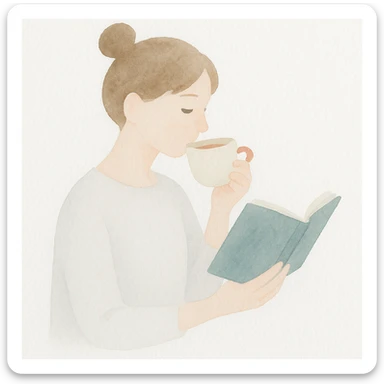 girl reading a book and drinking tea, gentle and artistic sticker