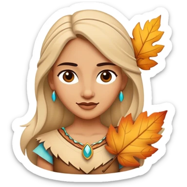 Cinematic Playful Pocahontas Portrait Emoji, Tilting her head with a knowing smirk, holding a delicate autumn leaf, eyes glimmering with adventure, an enchanting blend of confidence and charm, absolutely captivating! sticker