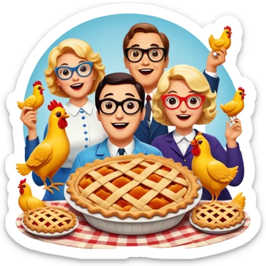 A vintage movie poster-style design featuring a playful, humorous scene with exaggerated characters. Include bright colors, clumsy actions, and classic comedy props like pies, rubber chickens, and oversized glasses. Retro cinematic vibe with a cheerful atmosphere. Transparent background. sticker