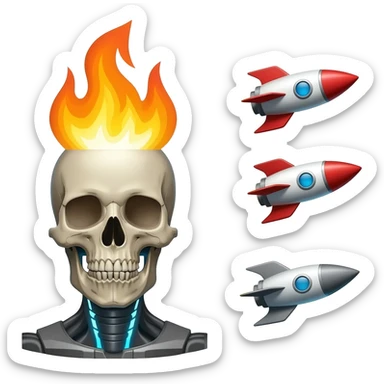A sprite sheet of a cybernetic man with a burning skull head, show all 3 stages of him flying with no back ground, show the 3 stages of him flying in a row, with changing wing positions for each stage of flying, all 3 must be pointing right sticker