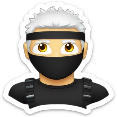 White male with spiky white hair eyes covered with black blindfold wearing a black compression shirt sticker