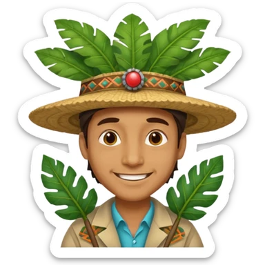 an scientist man wearing a large leaf tribal hat sticker