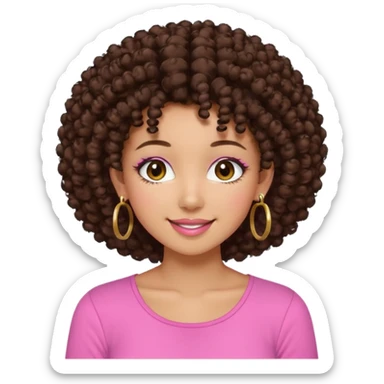 Naturally tan skin girl short darkBrown curly afropink shirt very long lashes hoop gold earrings Brown eyes gyaru smiling closed mouth cute sticker