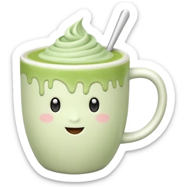 White ceramic mug of matcha latte, pastel pink background sticker