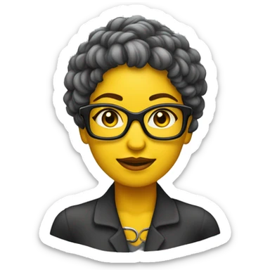 Uma mulher com cabelo amarelo,usando óculos de grau com armação preta com um colar de contas com uma pena sticker