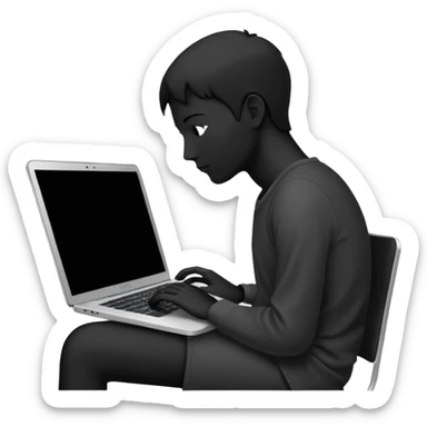 Minimalistic flat vector icon, iOS style, thin black contour on white background. Person silhouette sitting with a laptop, code brackets <> on the screen. Clean, no te sticker
