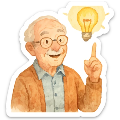 watercolor style elderly man pointing his finger up at a light bulb, pretending that he has an idea sticker