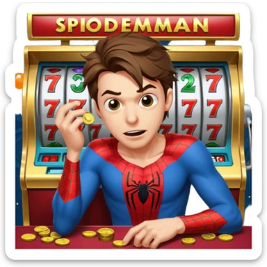 disheveled spiderman losing money at a slot machine, panicked face, coins flying sticker