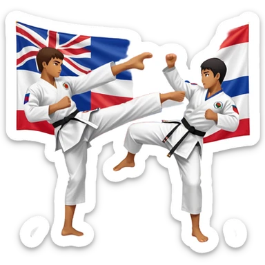Two taekwondo fighters in a competition arena, one performing a high spinning kick towards the opponent’s head, while the other blocks with a precise guard. The background features a dynamic, bright arena with flags, emphasizing speed and agility in the martial art. Transparent background  sticker