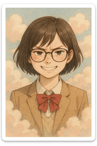 high school girl with glasses and short hair, smiling but with subtle signs of inner anger, surrounded by clouds, in a soft pastel illustration style sticker