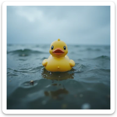  Cinematic still, Extreme Closeup shot of Yellow duck toy on ocean during cloudy day, stormy sea, Camera from top, inspired by interstellar sticker