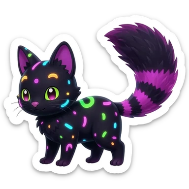  cute adorable pitch-Black-coated fur with glowing bioluminescent random colorful neon-markings divine beautiful elegant pretty precious cute young youthful  Fakémon-Pokémon-alien-opossum-feline-serval-caracal-chinchilla-Minccino-hybrid-creature with a big fluffy bushy striped tail (full body) sticker