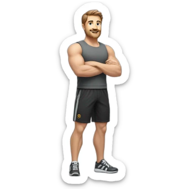 Full height realistic Actively gesturing with hands Pale skinned Fit Man With the biceps and brown hair in dark gray Sleeveless Mike, black oversize sports shorts, watch and white Sneakers sticker