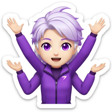 Chibi Sable Ward with excited hype expression, both arms raised high, eyes shining, white hair with purple streaks, fully purple eyes, energy effect around her, extremely excited sticker