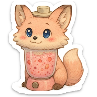 a chibi blender as a soft, fluffy fox with a transparent body filled with fruity smoothie, sparkling eyes, pastel pink, full-body sticker