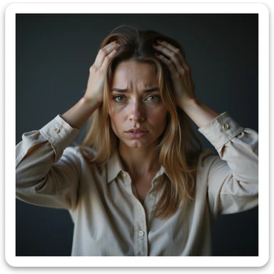 woman with hands in hair, stressed and nervous expression, hyperrealism 4K, variation 9 sticker