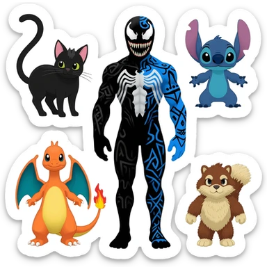 Black and Blue Venom-Cheshire-Stitch-Charizard-Salandit-Sneasel-fusion, full body, tribal markings  sticker