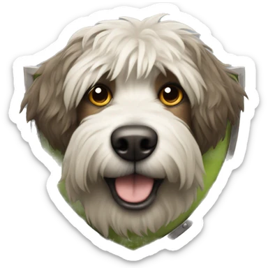 shaggy dog with a shield sticker