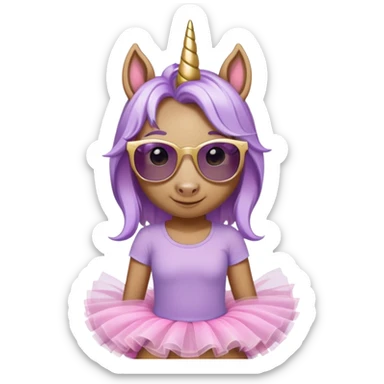 head and shoulders portrait of a friendly anthropomorphised female unicorn in tutu and pink t-shirt, wearing dark sunglasses, lavender and gold color scheme sticker