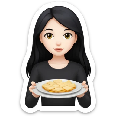Pale girl with black long hair holding a plate sticker