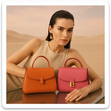 A woman with sleek wet hair, earrings, and a beige minimalist top lies on her side on a glass surface in a pastel desert, holding orange and pink designer bags. She gazes at the camera with a high fashion, luxury campaign vibe. sticker