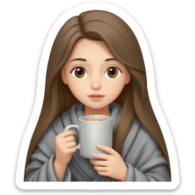 Brown-eyed, fair-skinned girl with long hair down to her shoulders, wrapped in a gray blanket, drinking from a New Year's mug sticker
