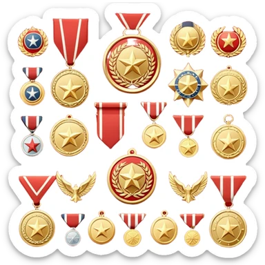 Icon for Collecting Orders, Medals & Badges: a variety of vintage orders, medals and badges, displayed neatly on a big red pennant or in a display case. The icon should reflect the honor and historical significance of these collectible items. Transparent background. sticker