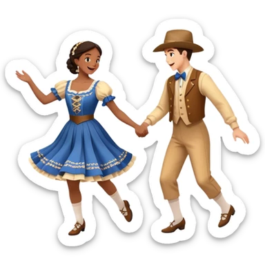 Cinematic Realistic scene of two square dancers in traditional American folk costumes, captured in joyful, coordinated motion with vibrant, rustic lighting that highlights their cultural heritage sticker