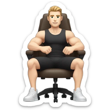 Pale skinned Fit Man With the biceps and dark brown hair in black shirt, gray sports shorts and white Sneakers Sitting on a chair sticker