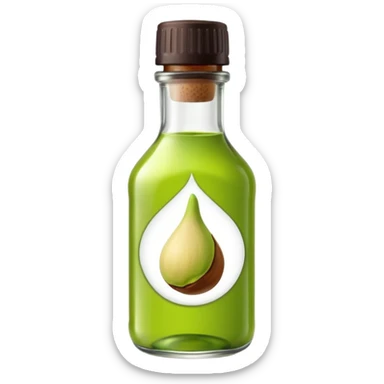 small glass bottle with translucent green liquid inside suggesting concentrated pistachio essence, narrow neck, simple unbranded label, dark cap, liquid slightly viscous with vivid natural tint, soft lighting, subtle shadows, emoji scale sticker
