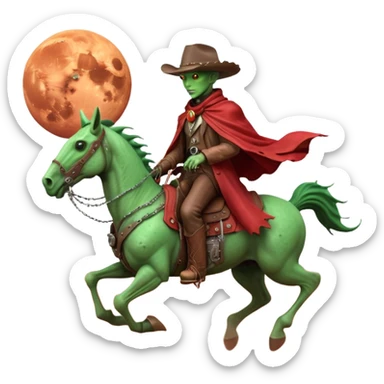 An alien cowboy riding a mechanical horse across a red Martian desert, two moons in the sky, dust storm swirling, wide cinematic shot, dramatic composition, hyper detailed, sci-fi western fusion sticker