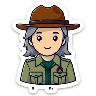 white woman park ranger with brown and gray hair sticker