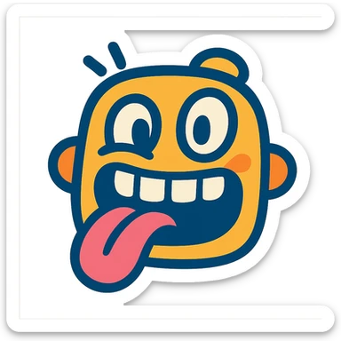 silly face with huge teeth and tongue sticking out, bold lines, vibrant colors, cute style sticker