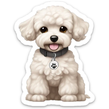 Generate a beige to greyish-white maltipoo dog (maltese + toy poodle) with dark grey ear tips and a black nose and brown eyes with a collar in light pink and the word beta written on the collars charm sticker