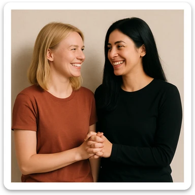 blonde woman and black-haired woman holding hands, lesbian couple, smiling, simple background sticker