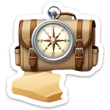 Icon for Expeditions: a compass, a map, a backpack and a rugged expedition jeep, set against a backdrop of snowy mountains, sand dunes and tropical islands. The icon should capture the spirit of adventure and exploration in diverse landscapes. Transparent background. sticker