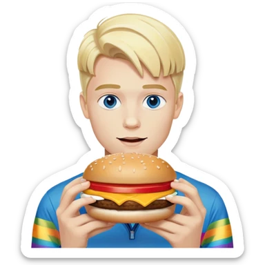 Young blonde man with white skin and blue eyes from LGBT community eating McDonald's hamburger, pride flag colors sticker