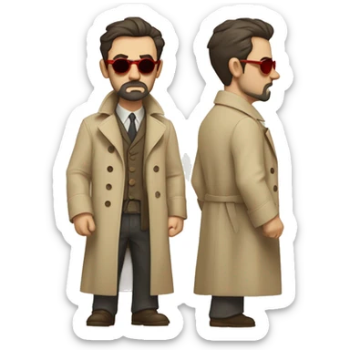 1930s investigator, a Caucasian man with short, dark hair and a rough beard, wears tiny red-tinted sunglasses and a dirty beige trench coat. He has a serious demeanor. sticker