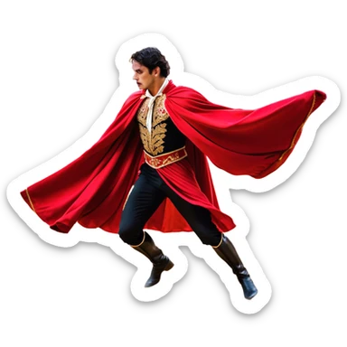 ​Cinematic Realistic Spanish Matador Holding a Red Cape, depicted in mid-action with a vibrant red cape flowing in the wind, dressed in an ornate traje de luces with shimmering details, confronting a charging bull in a dramatic arena, rendered with dynamic motion blur and vivid, high-contrast lighting, sticker